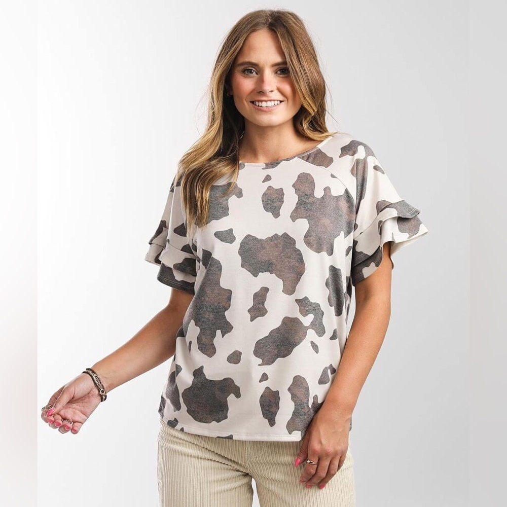 DAYTRIP RUFFLE SLEEVE COW PRINT BOHO WESTERN TOP